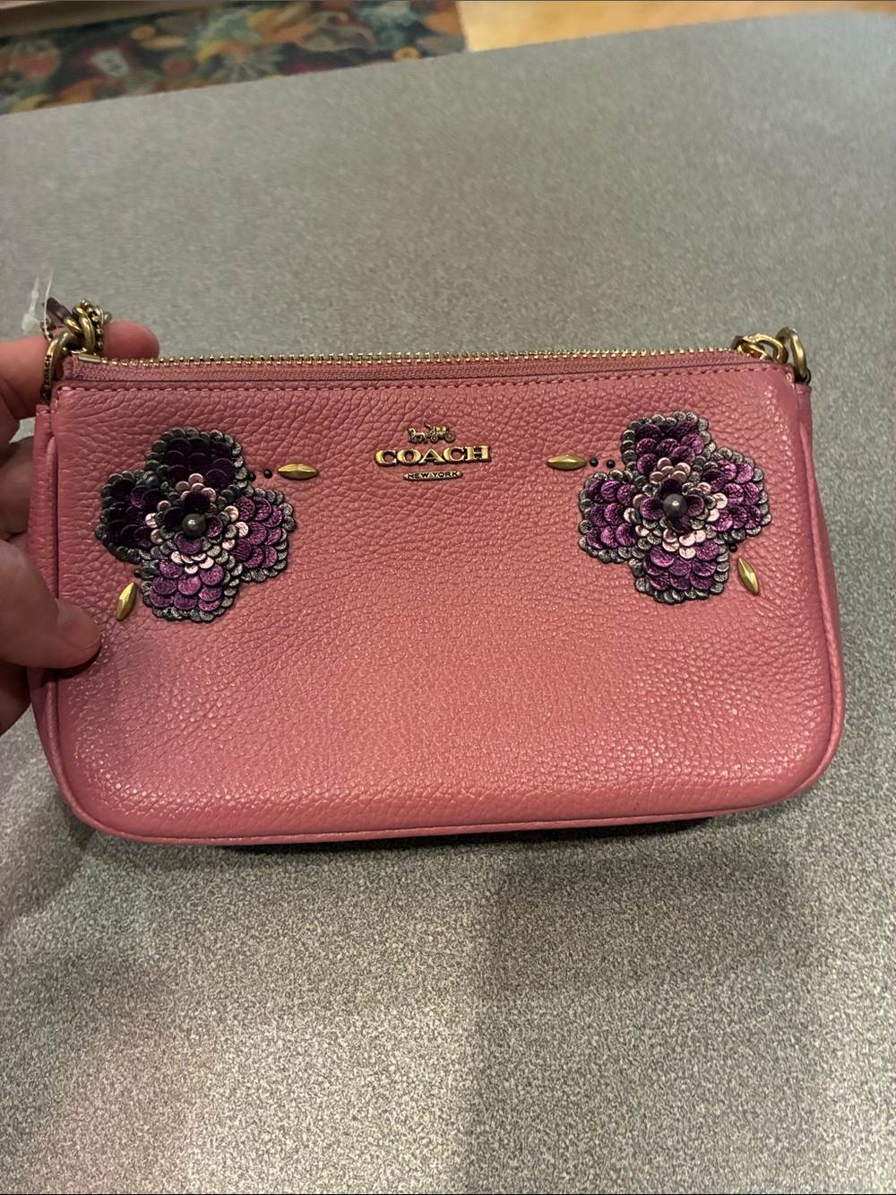 Coach Pink Pebble Leather Floral Sequin Wristlet